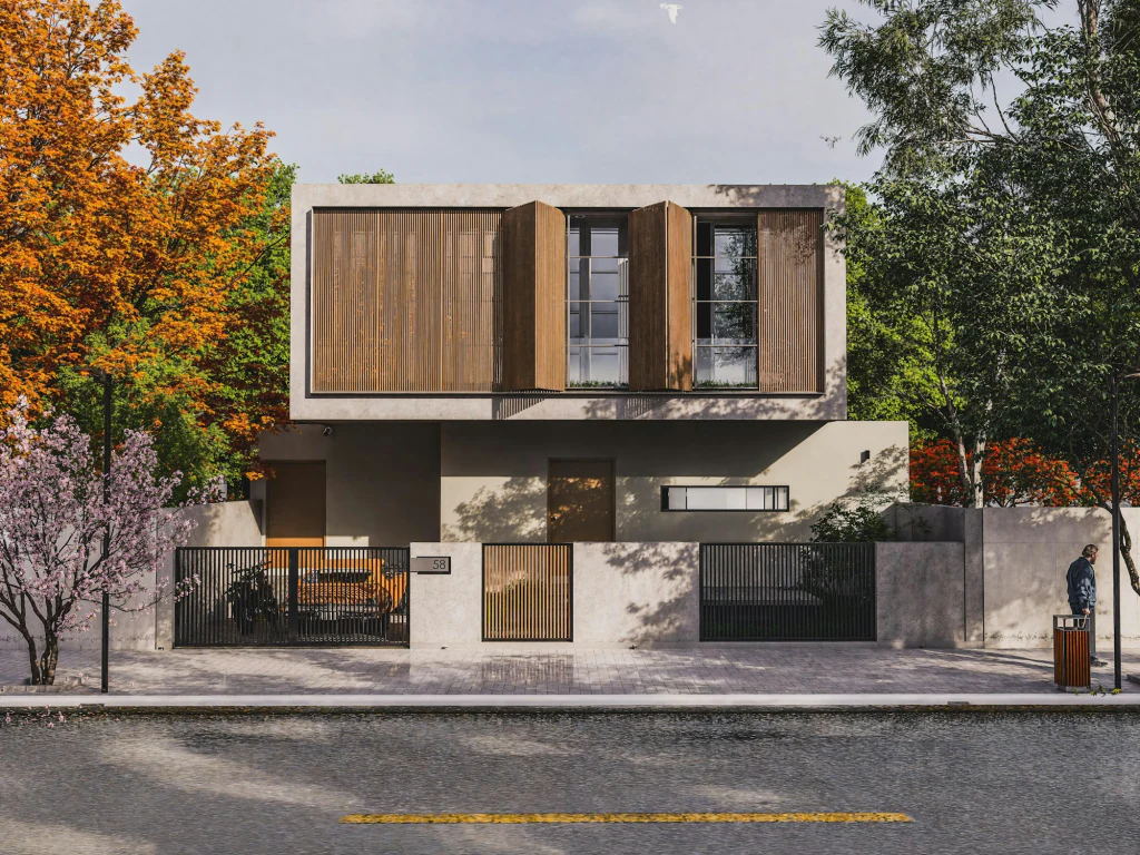 Modernes Wohnhaus aus Holz und Beton im Tageslicht